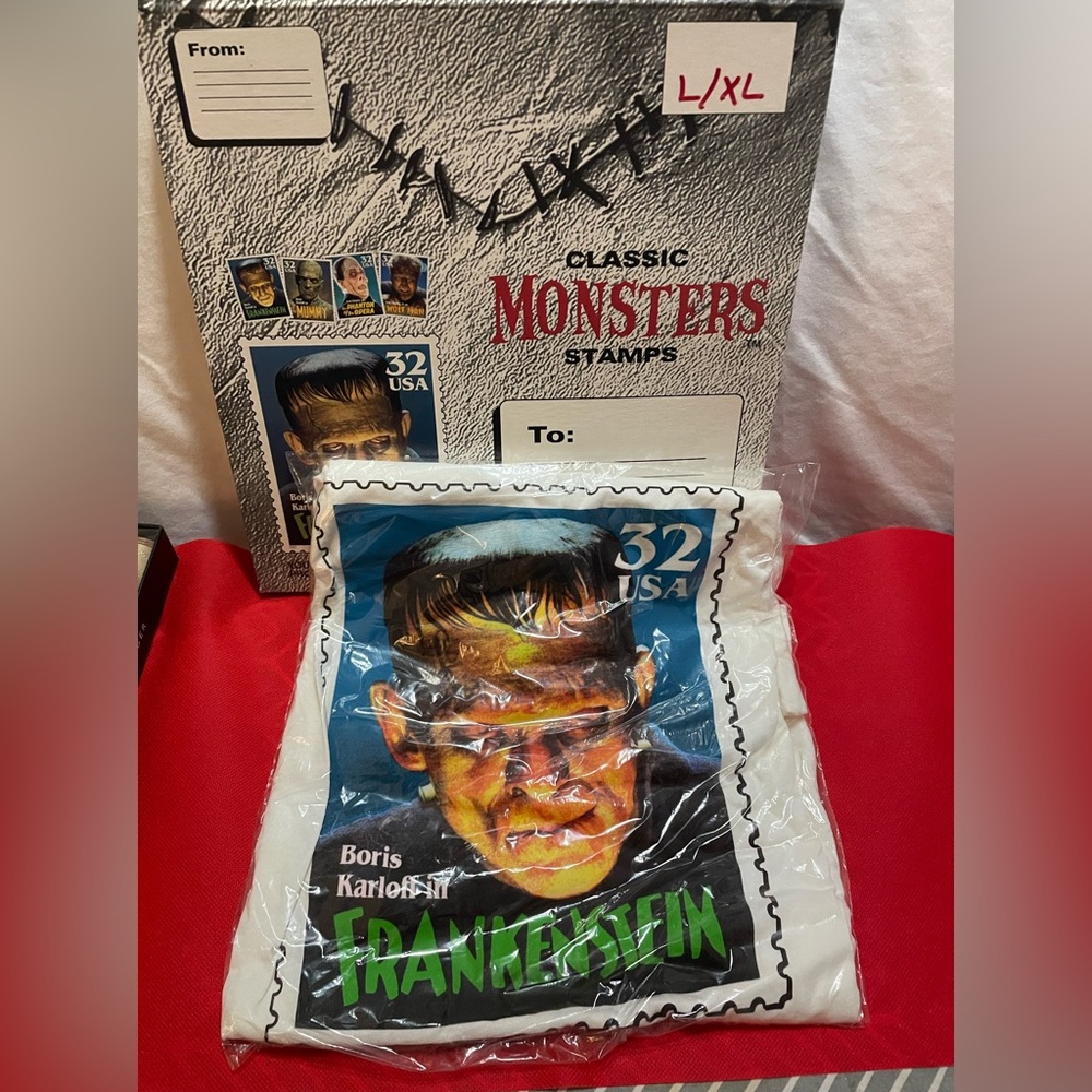 Vtg 1997 Boris Karloff Frankenstein USPS Stamp T-Shirt Universal Monster Sz L/XL